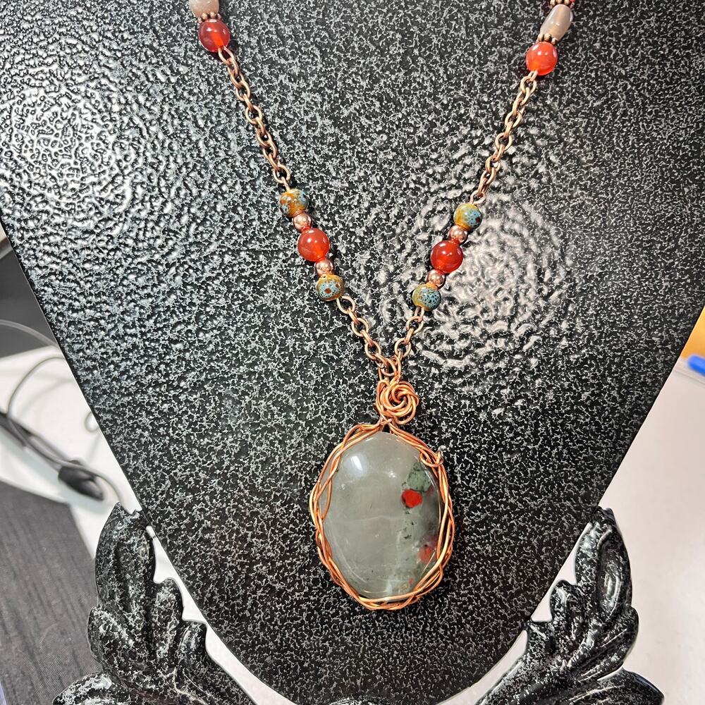 Blood Stone Oval Cabachon Gray Moonstone Copper Wire wrap 20"